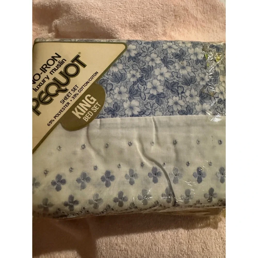 Vintage Pequot Morning Breeze King Sheet Set Blue Floral Luxury Muslin No Iron